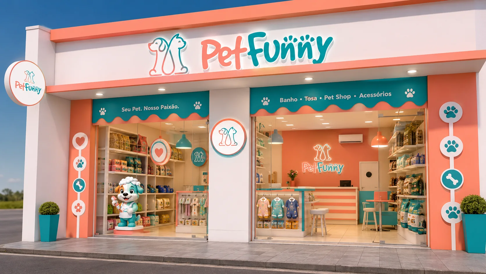 Modelo 3D da fachada de franquia PetFunny para bairros