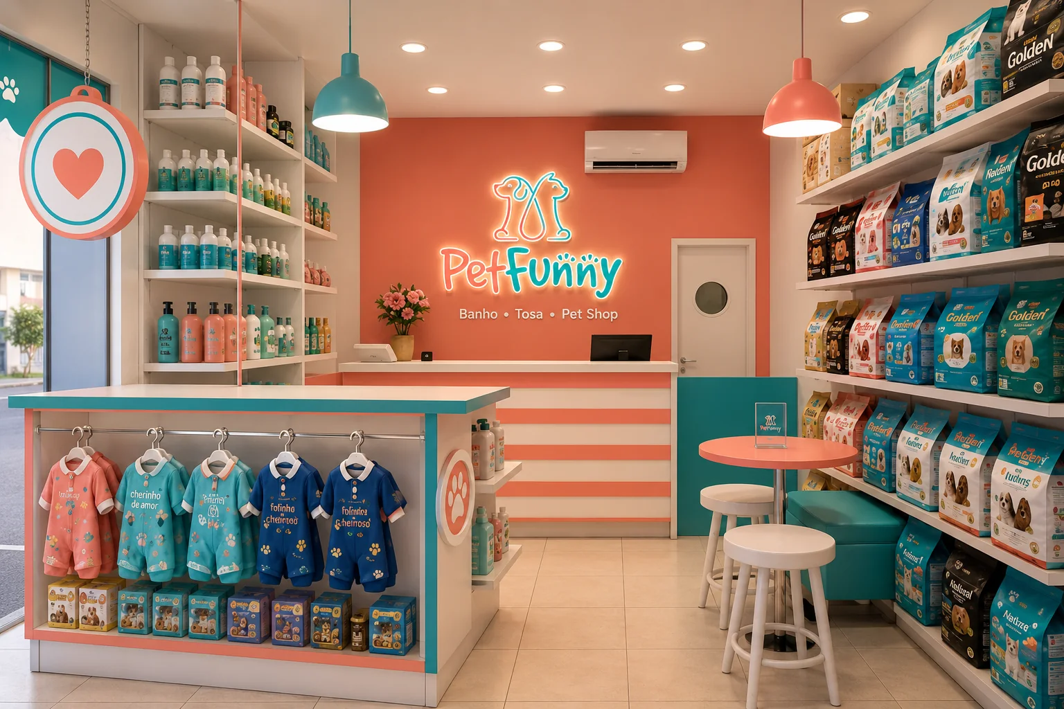 Interior 3D da loja PetFunny com recepção e produtos